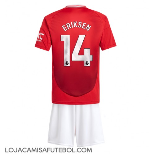 Camisa de Futebol Manchester United Christian Eriksen #14 Equipamento Principal Infantil 2024-25 Manga Curta (+ Calças curtas)